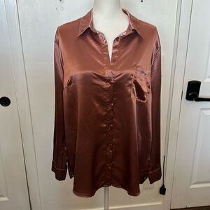 Aeom Impulse Satin Button Down Blouse In Rust, Sz XL Relaxed Fit EUC